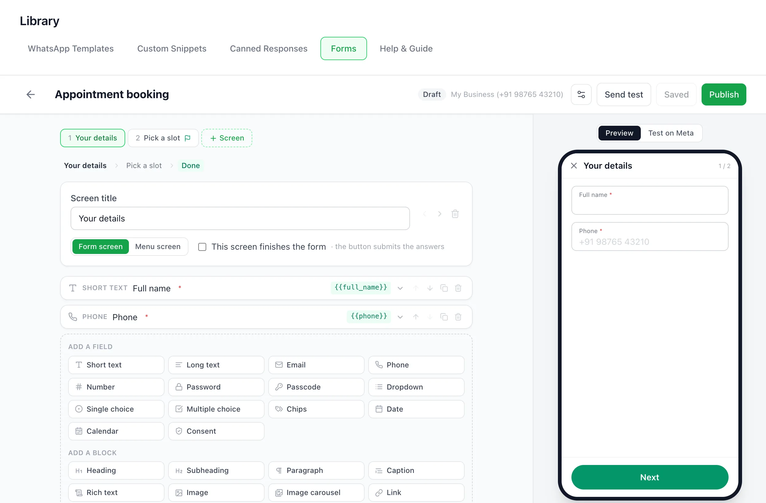 BizBotify form builder showing screens, fields like Full name and Phone, the Add a field palette and a live WhatsApp phone preview